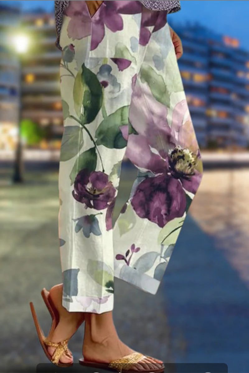 Blomstrede Lige Bukser med Høj Talje til Damer
