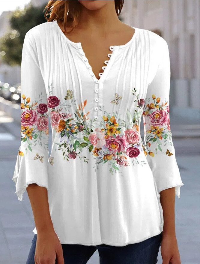 Blomstret Bluse med V-hals til Damer - Hvid med blomster