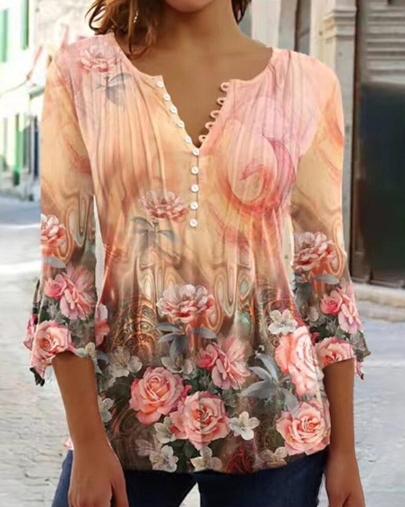 Blomstret Bluse med V-hals til Damer - Orange
