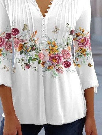 Blomstret Bluse med V-hals til Damer