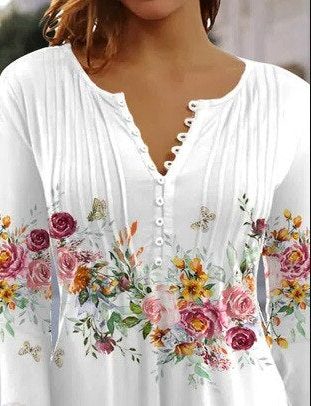 Blomstret Bluse med V-hals til Damer