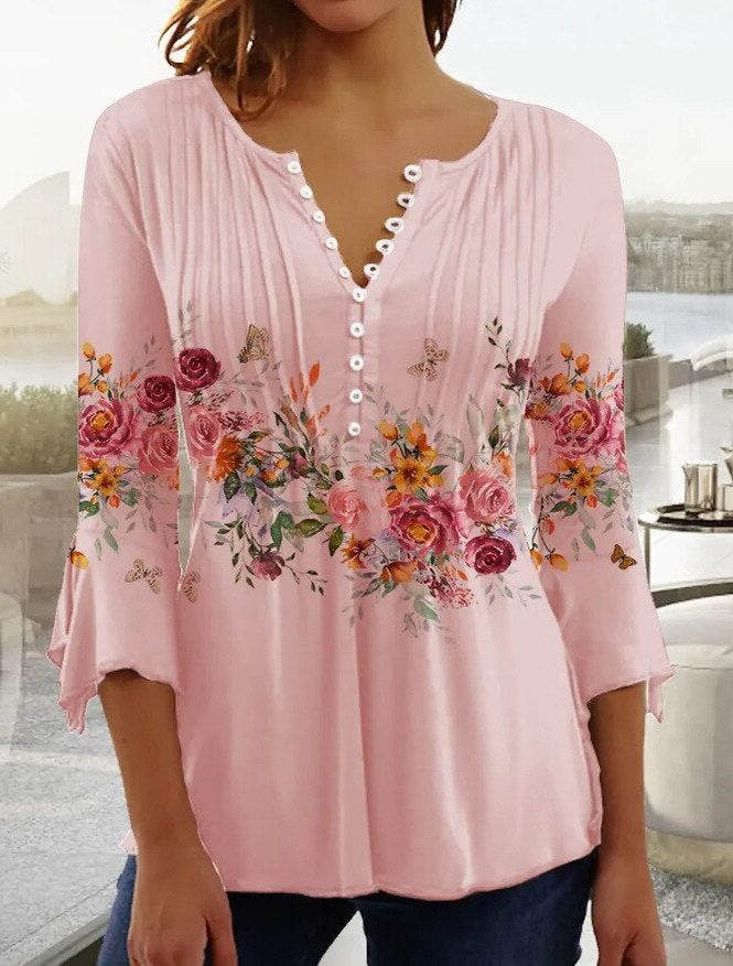 Blomstret Bluse med V-hals til Damer - Pink