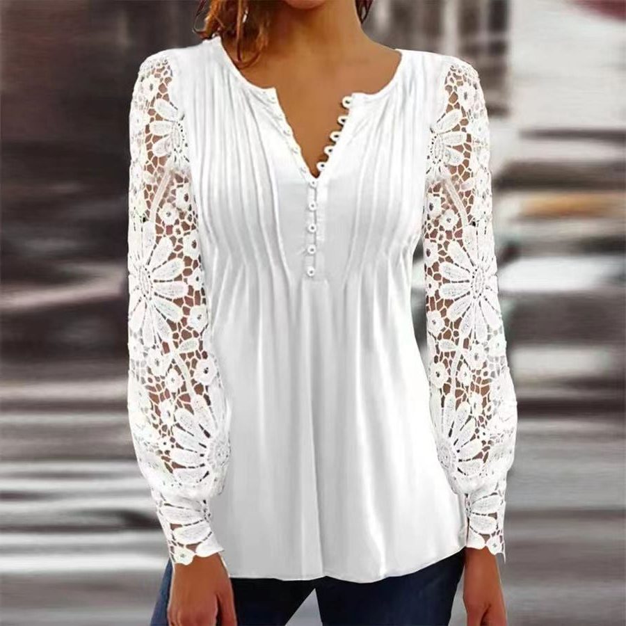 Blomstret Bluse med V-hals til Damer - Hvid