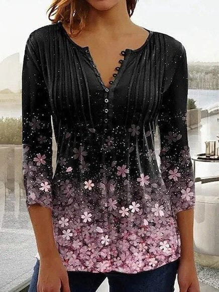Blomstret Bluse med V-hals til Damer - Sort