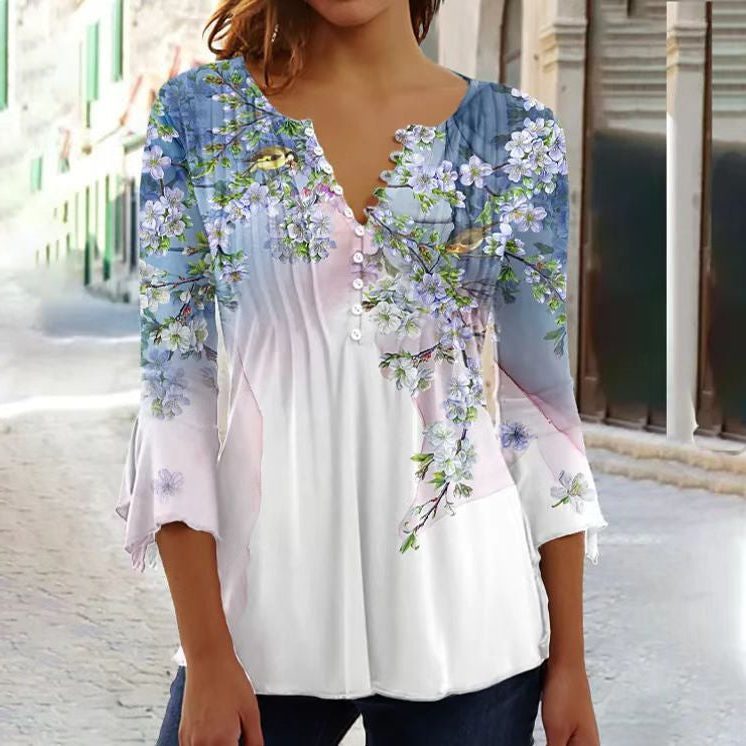 Blomstret Bluse med V-hals til Damer - Hvid-Blå