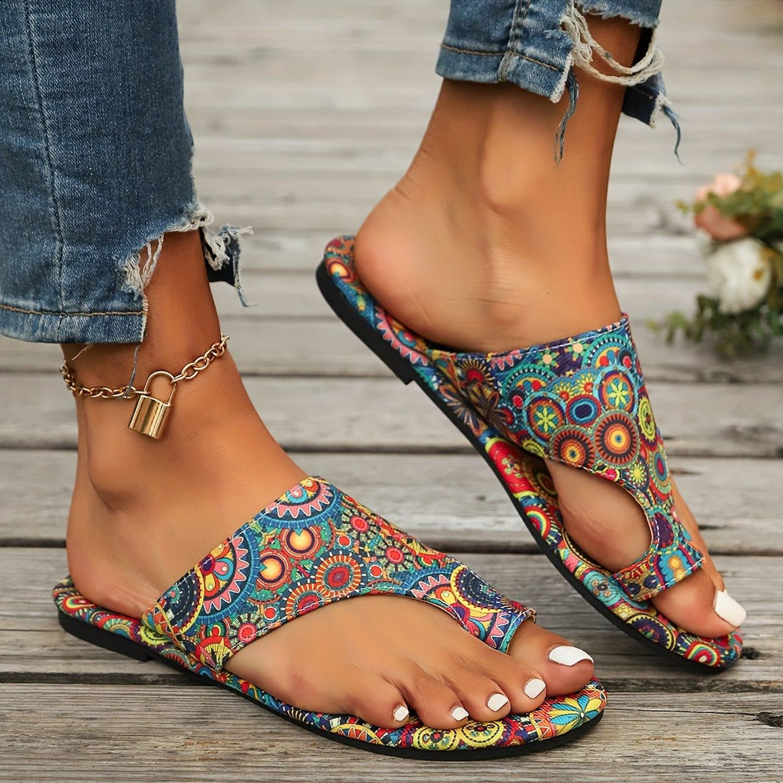 Blomstret Flad Sandal med Åben Tå til Damer