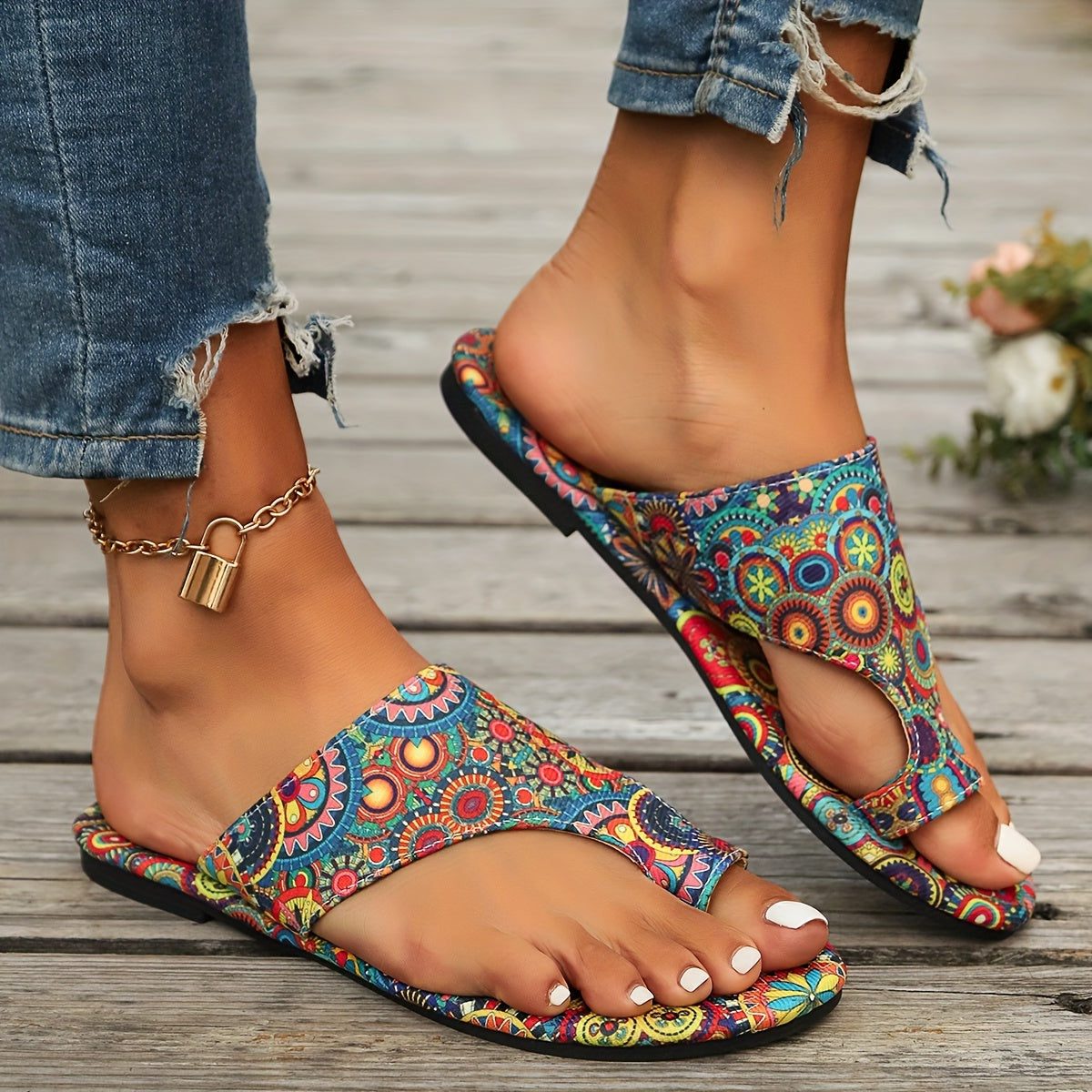 Blomstret Flad Sandal med Åben Tå til Damer