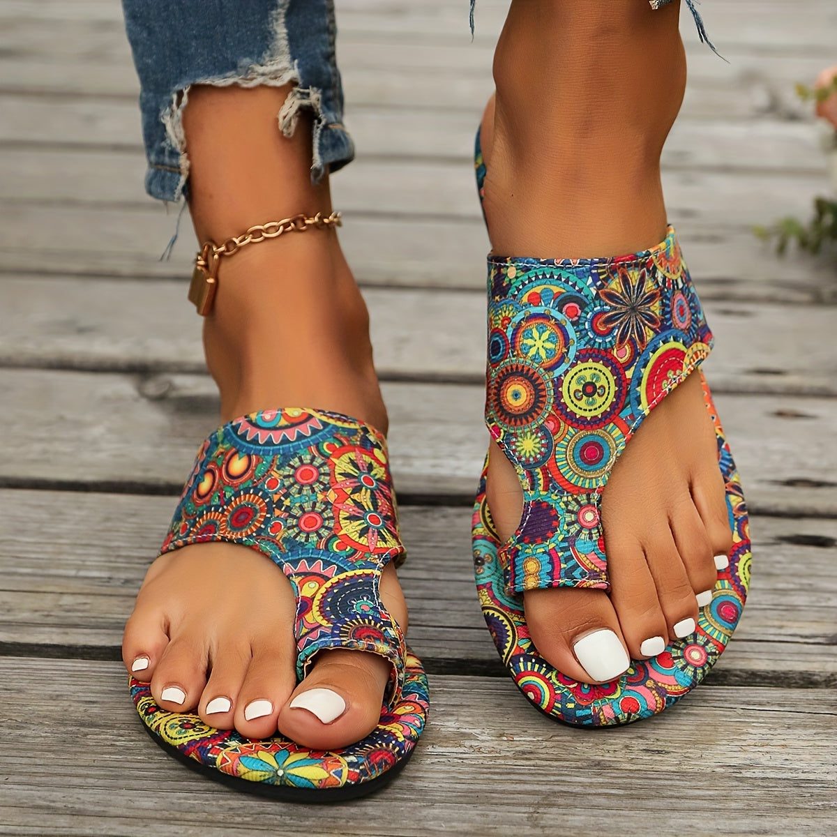 Blomstret Flad Sandal med Åben Tå til Damer