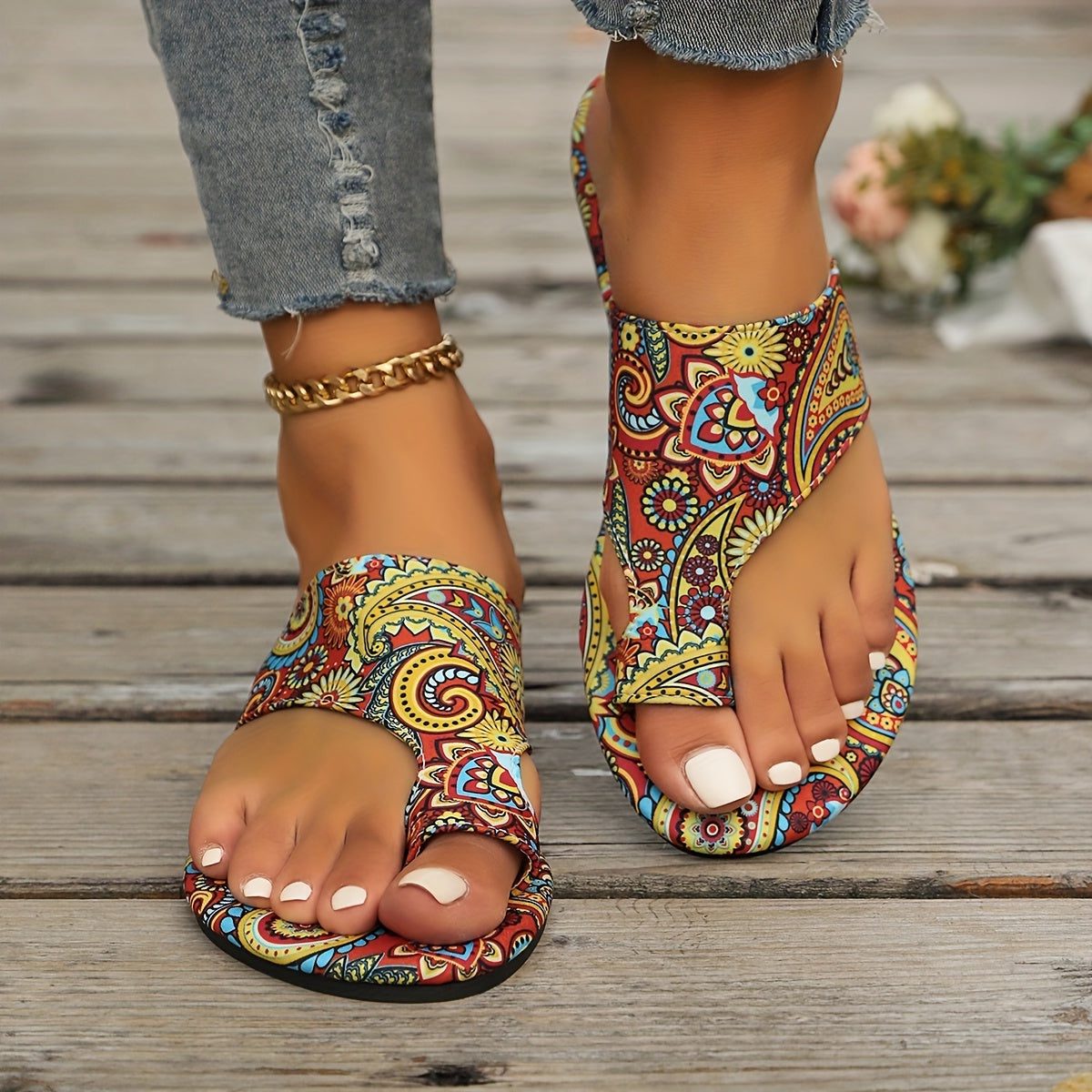 Blomstret Flad Sandal med Åben Tå til Damer