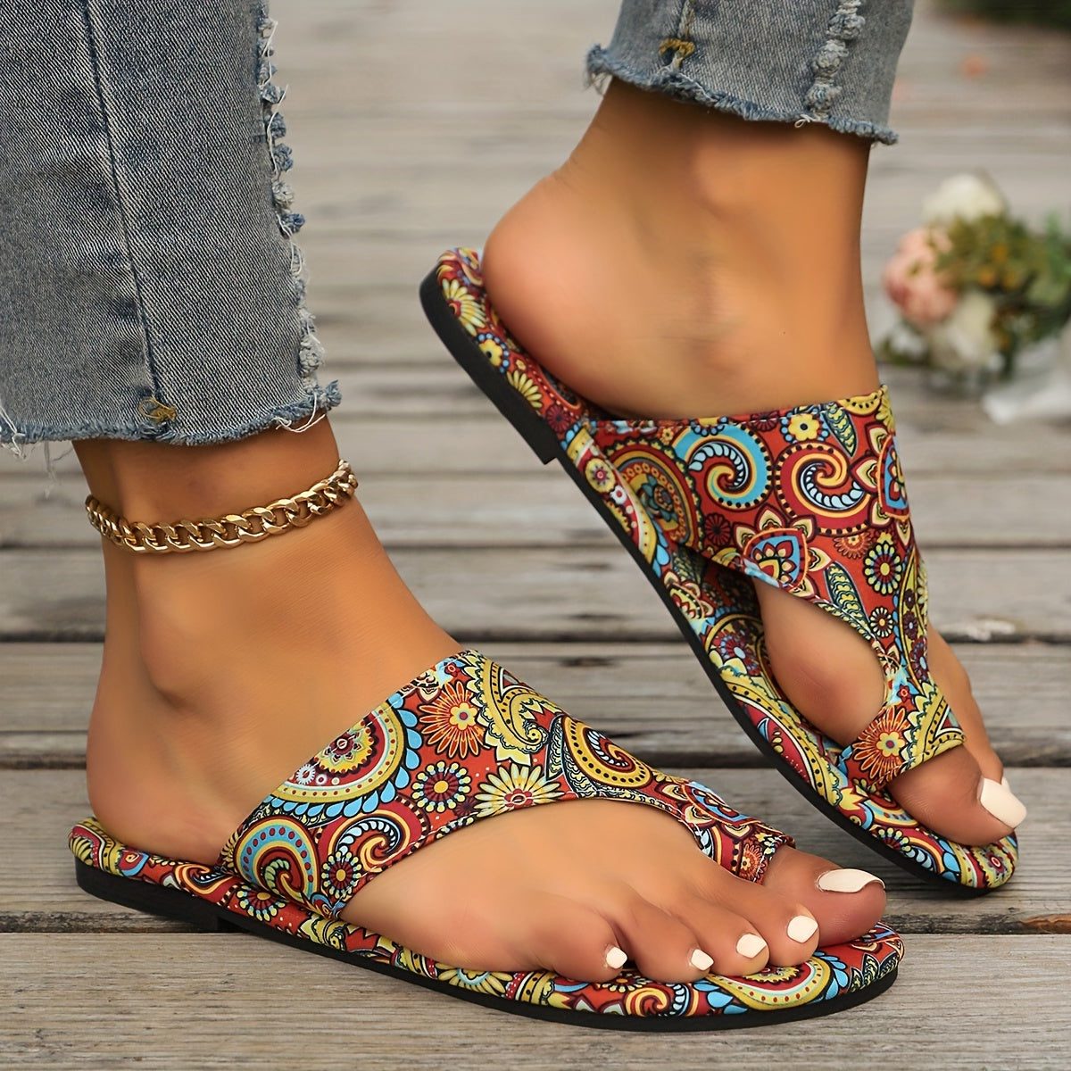 Blomstret Flad Sandal med Åben Tå til Damer