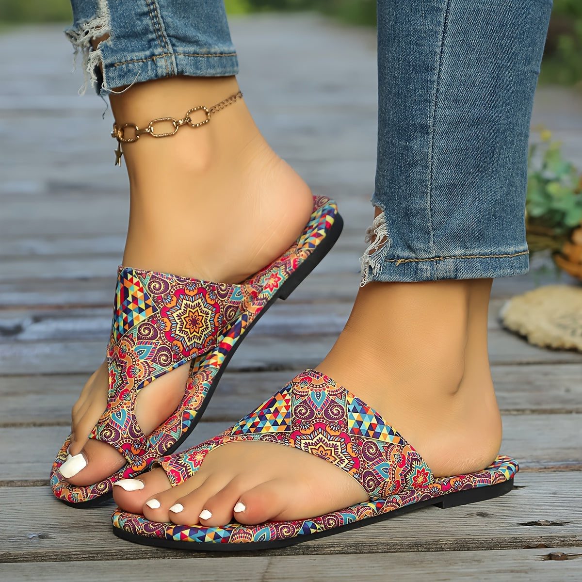 Blomstret Flad Sandal med Åben Tå til Damer