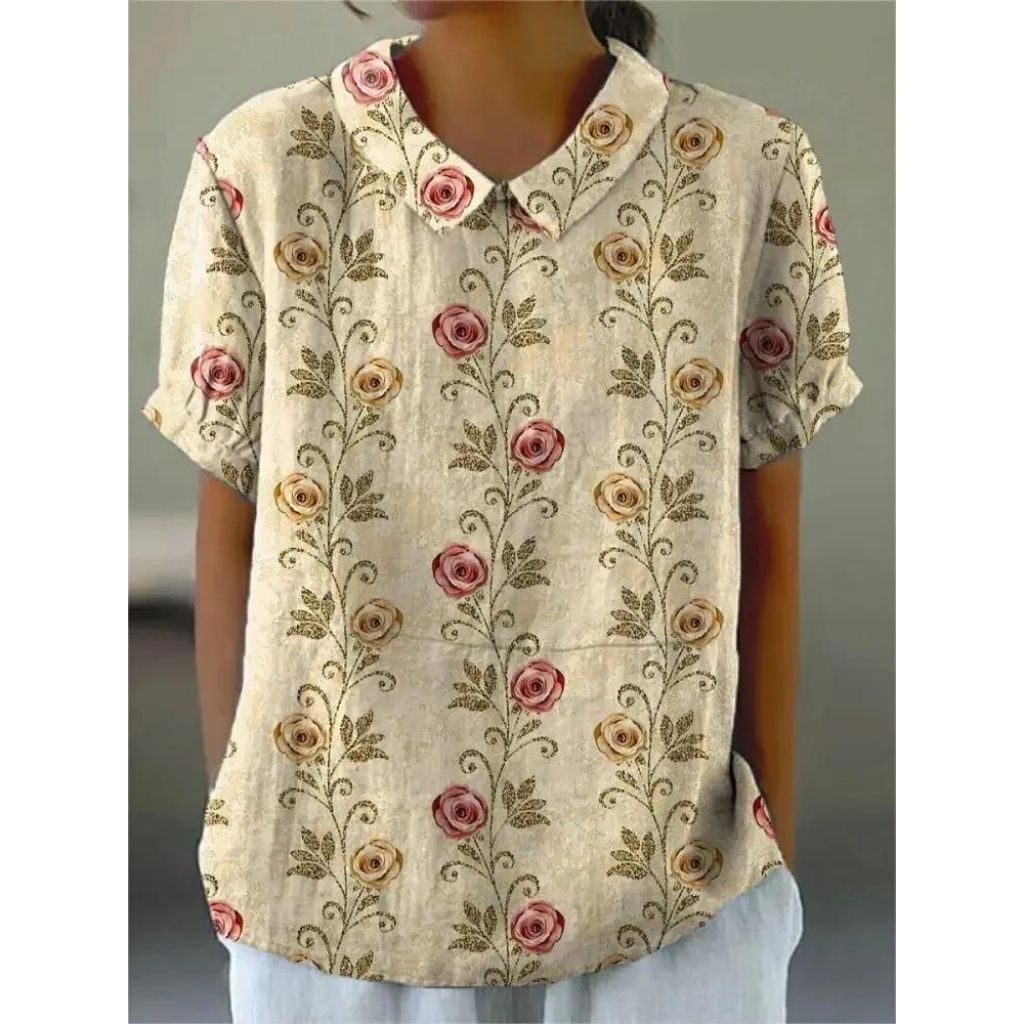Blomstret Bluse med Korte Ærmer til Damer