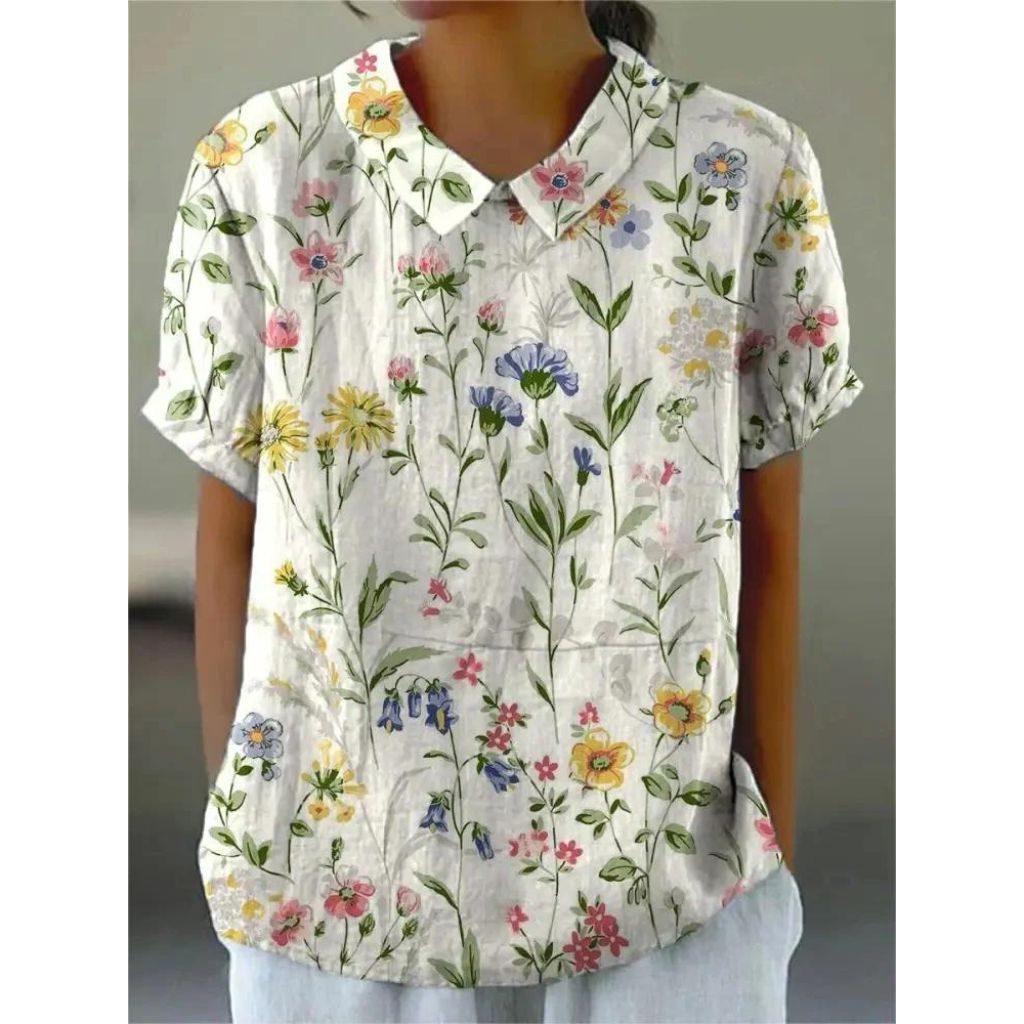 Blomstret Bluse med Korte Ærmer til Damer