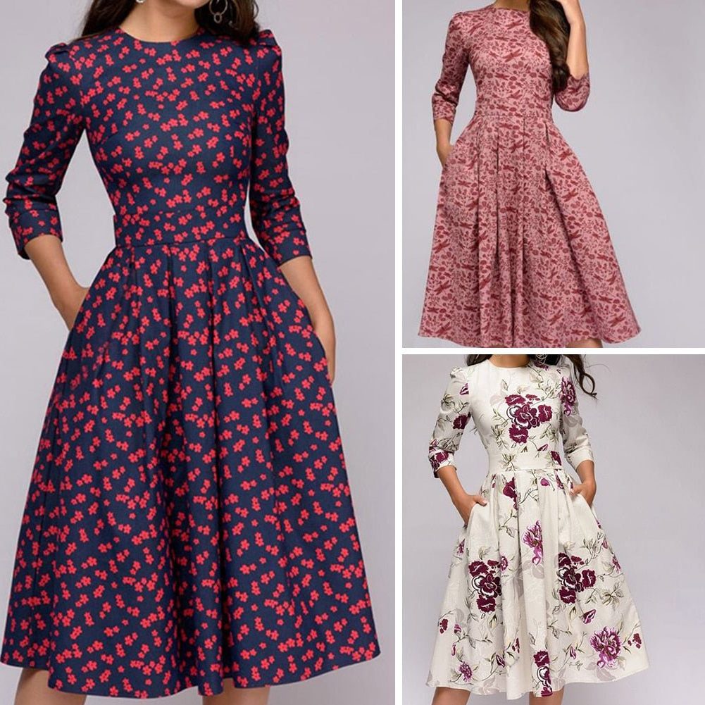 Blomstret Midikjole med Rund Hals til Damer