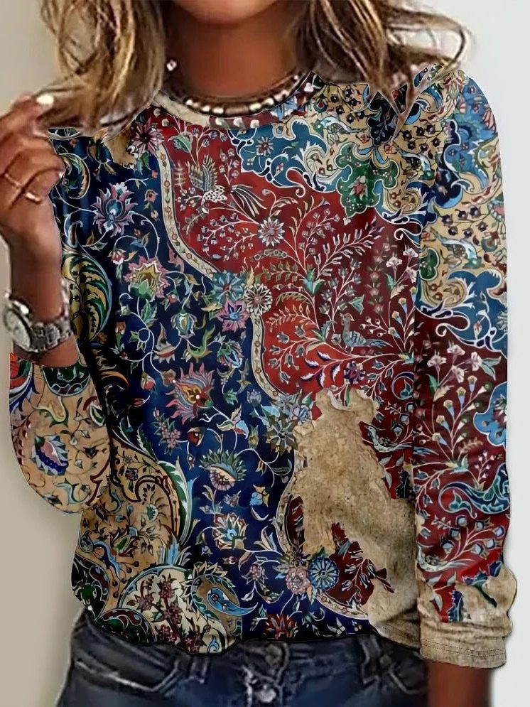 Blomstret T-shirt med Rund Hals til Damer