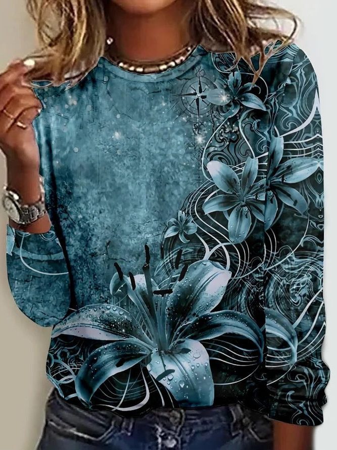 Blomstret T-shirt med Rund Hals til Damer - Blomstermønster 5