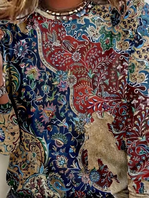 Blomstret T-shirt med Rund Hals til Damer - View 5