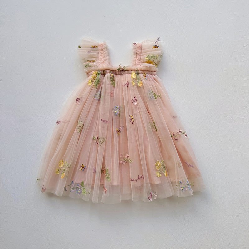 Blomstret Tulle Midikjole med Flæsekant til Damer