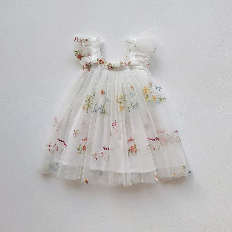Blomstret Tulle Midikjole med Flæsekant til Damer