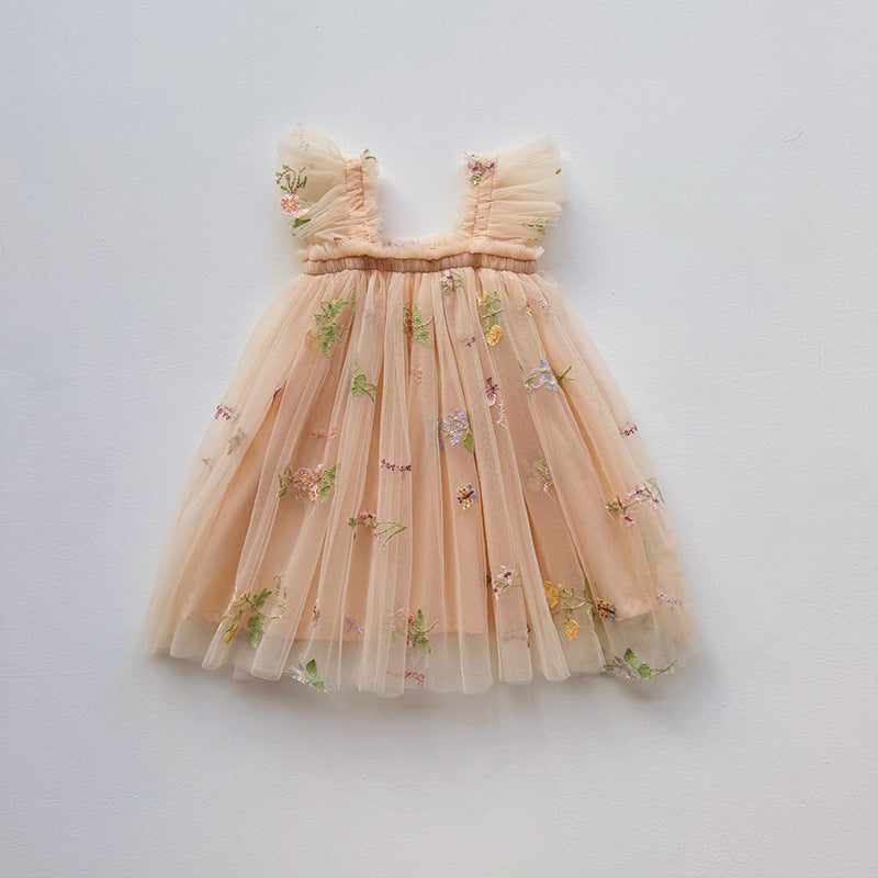 Blomstret Tulle Midikjole med Flæsekant til Damer