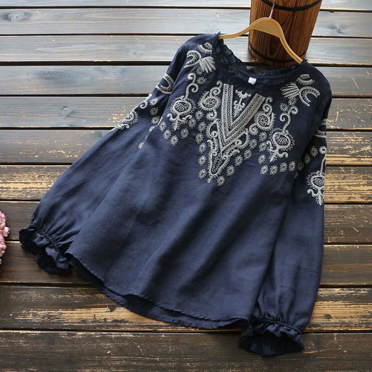 Broderet Bluse med Rund Hals til Damer