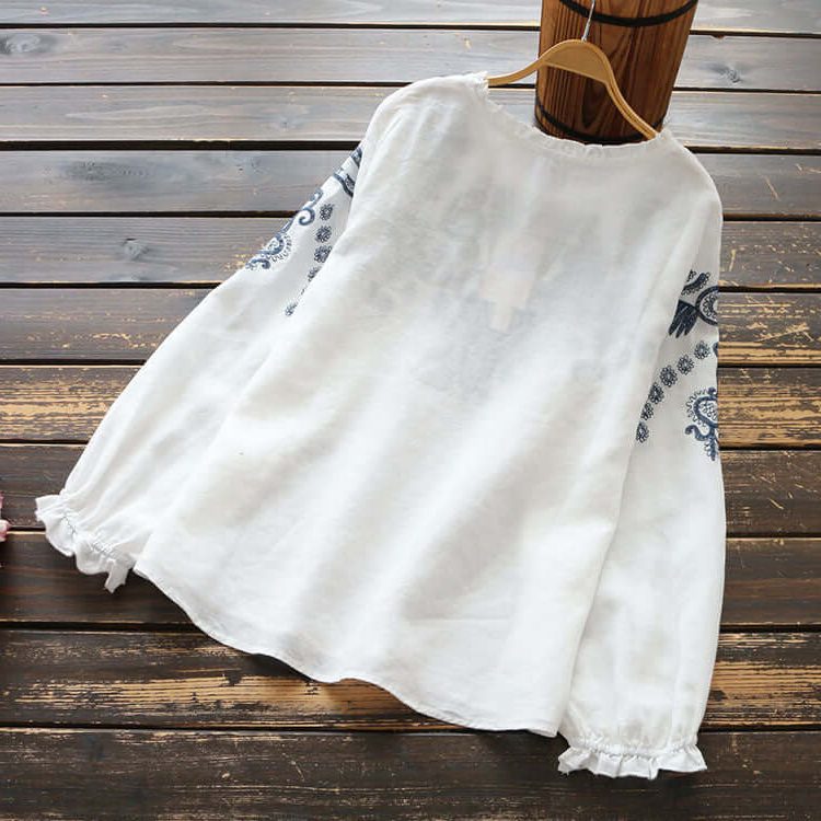 Broderet Bluse med Rund Hals til Damer
