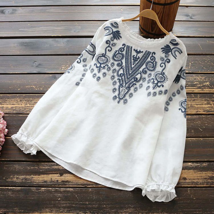 Broderet Bluse med Rund Hals til Damer