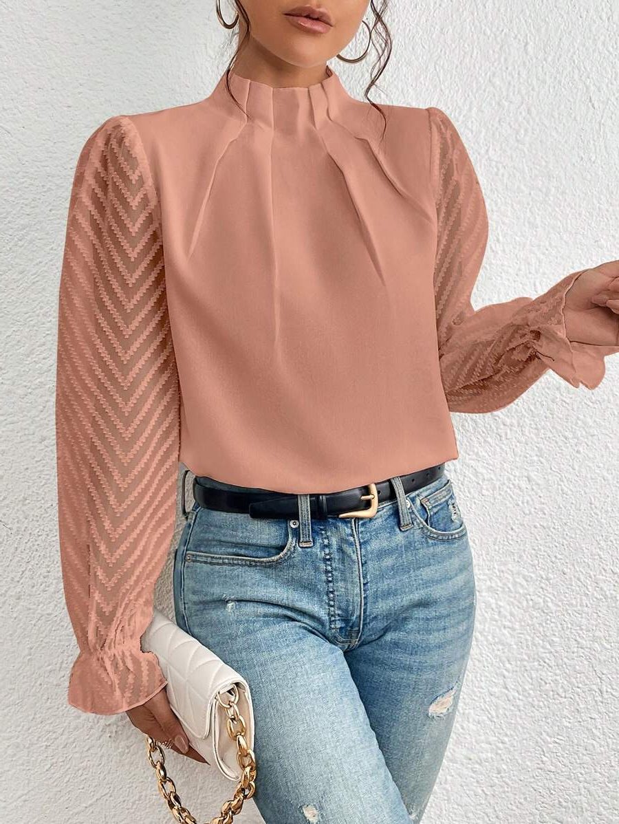 Chevron Bluse med Puffærmer til Damer