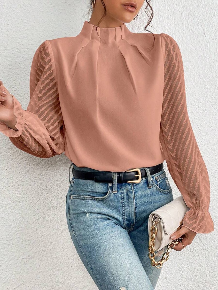 Chevron Bluse med Puffærmer til Damer