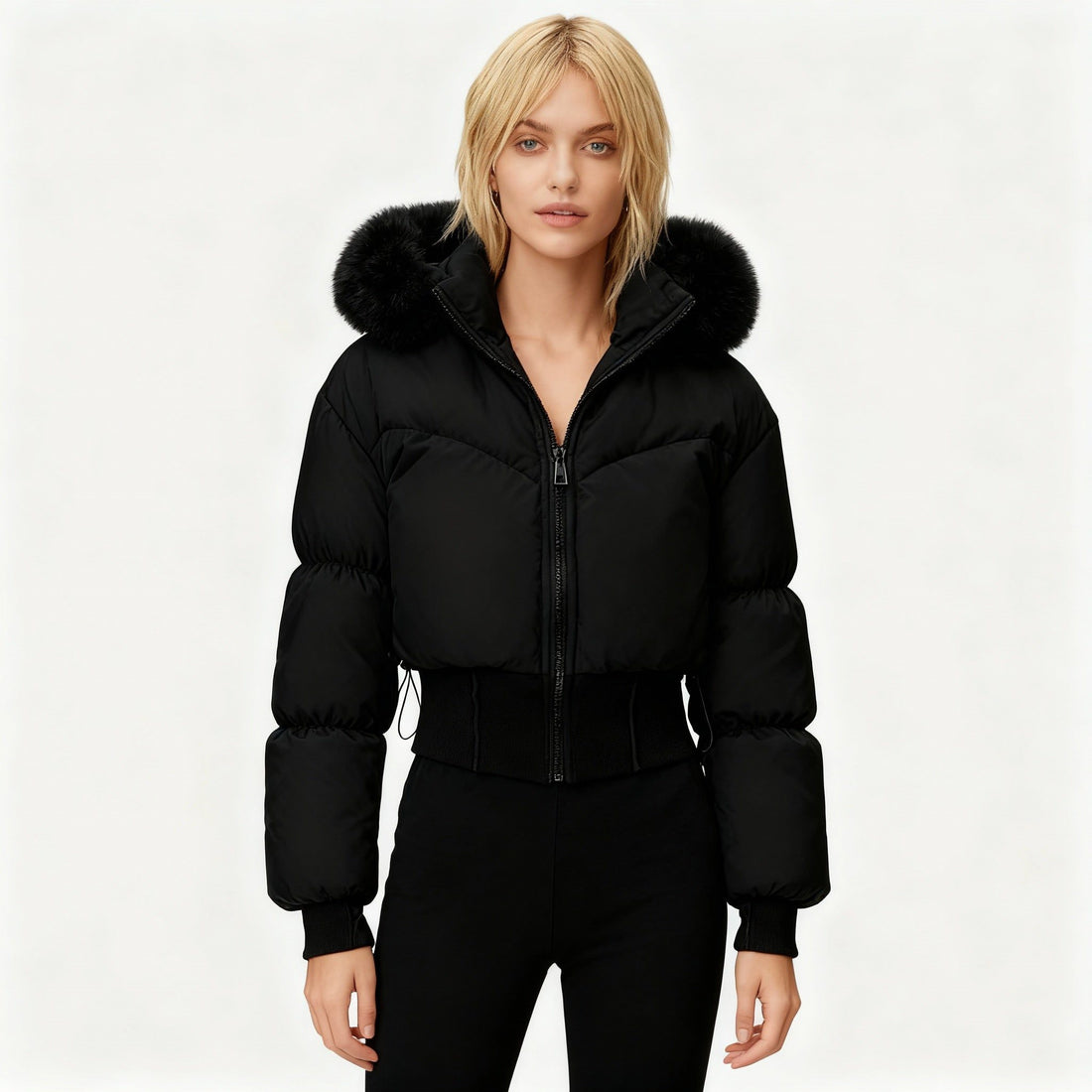 Cropped Dunjacke med Kunstfelpels til Damer