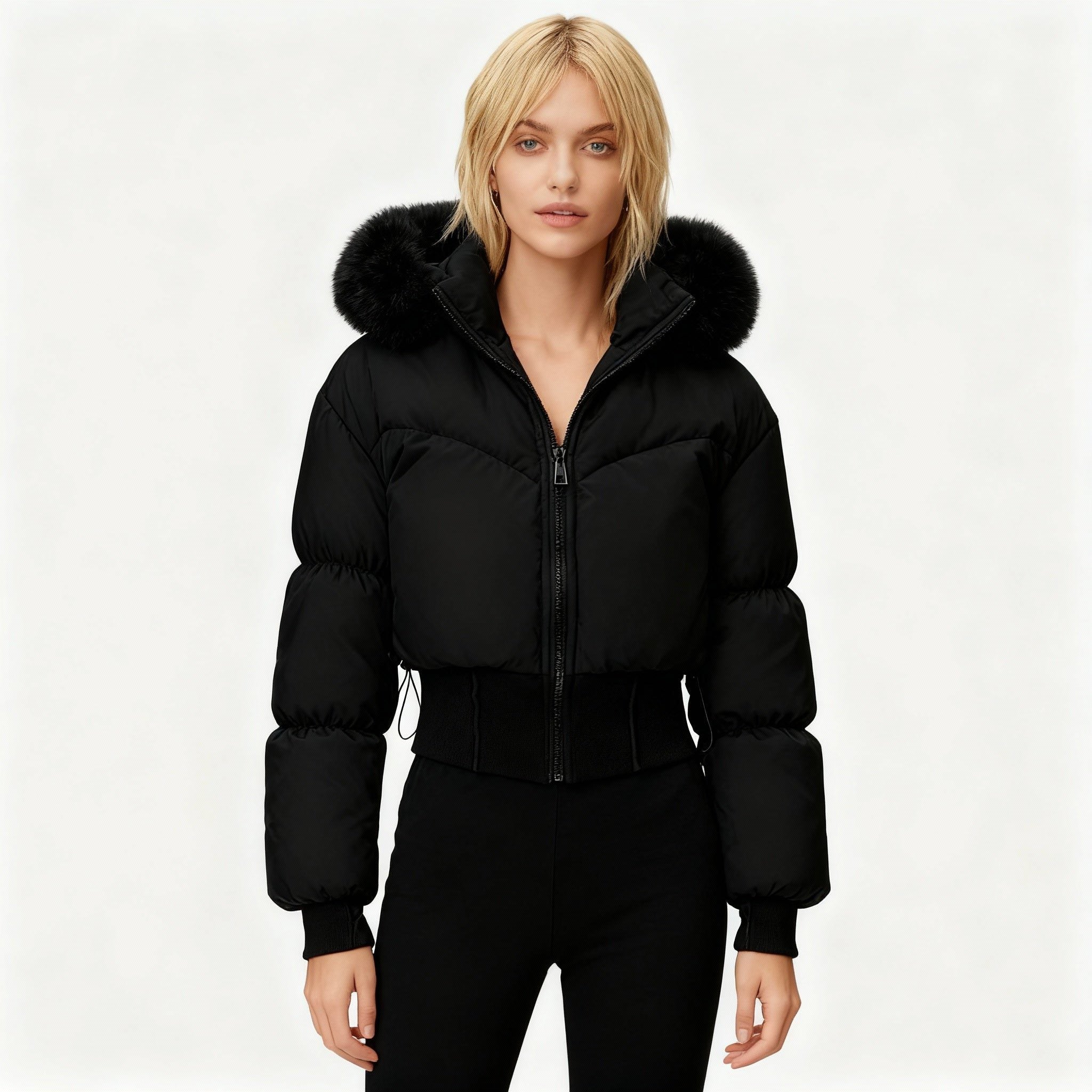 Cropped Dunjacke med Kunstfelpels til Damer - Sort