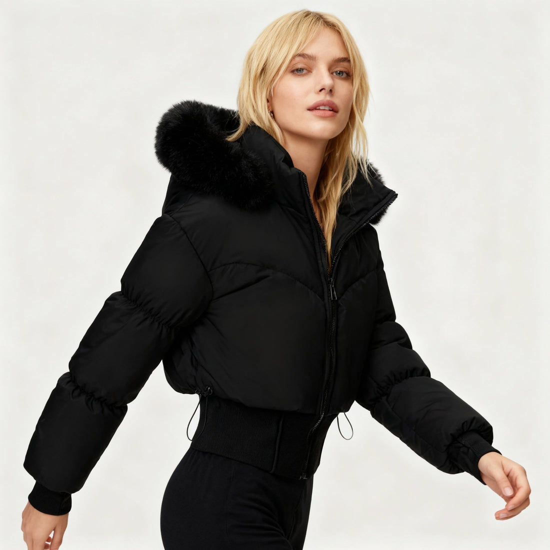 Cropped Dunjacke med Kunstfelpels til Damer