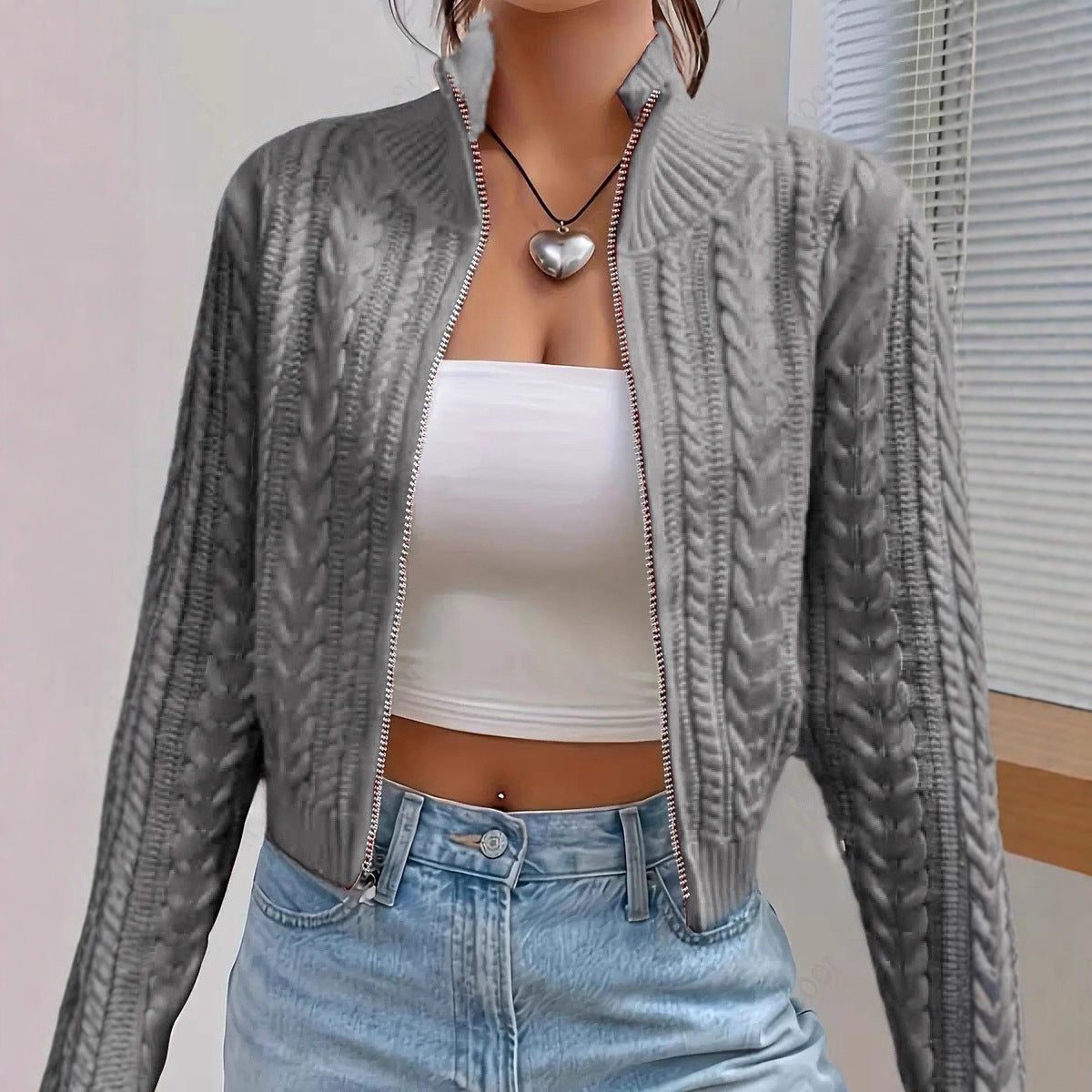 Cropped Kabelstrik Cardigan til Damer