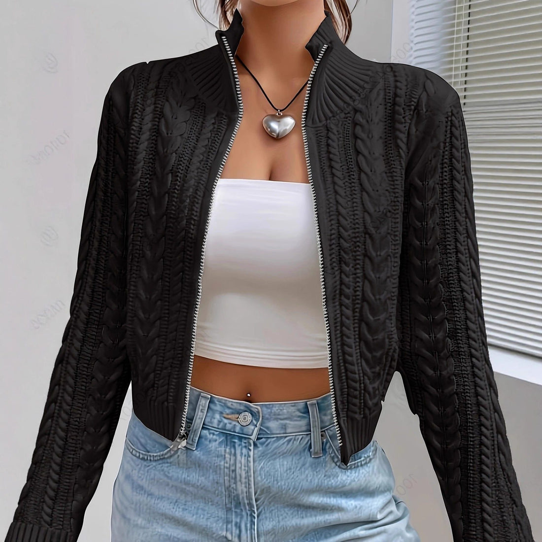 Cropped Kabelstrik Cardigan til Damer