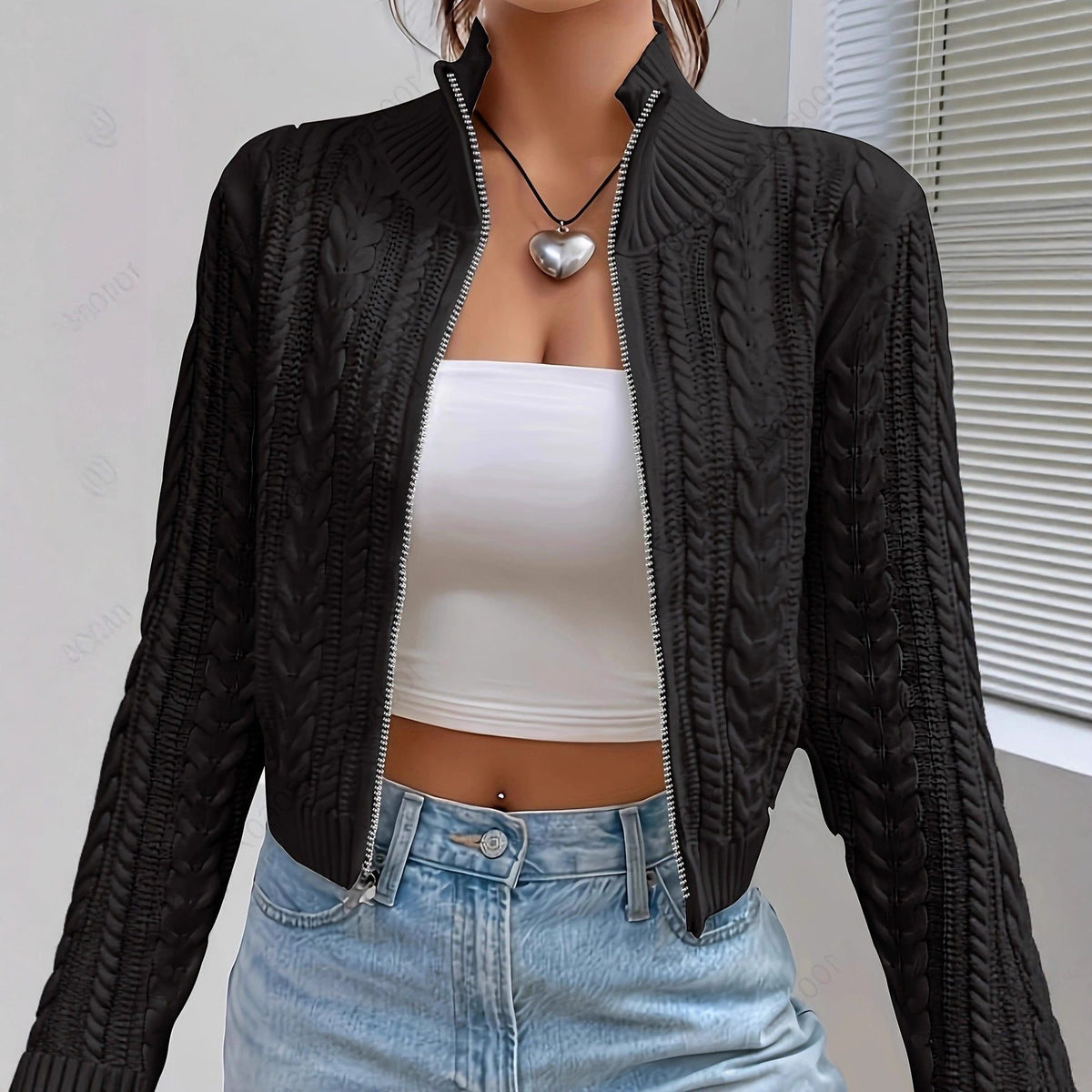 Cropped Kabelstrik Cardigan til Damer