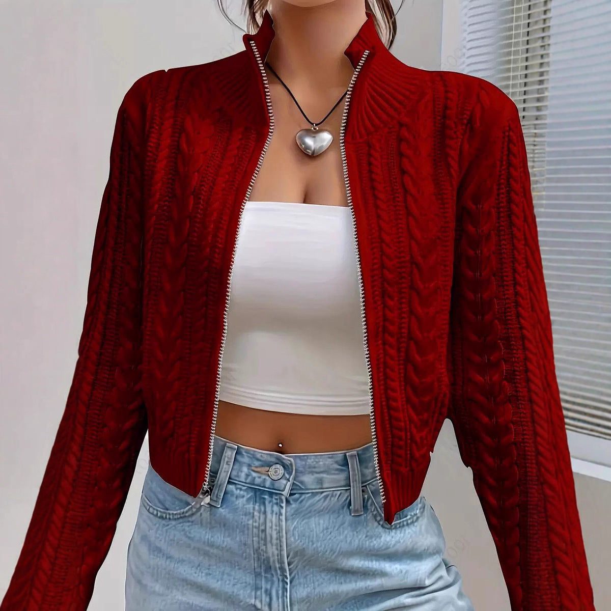 Cropped Kabelstrik Cardigan til Damer