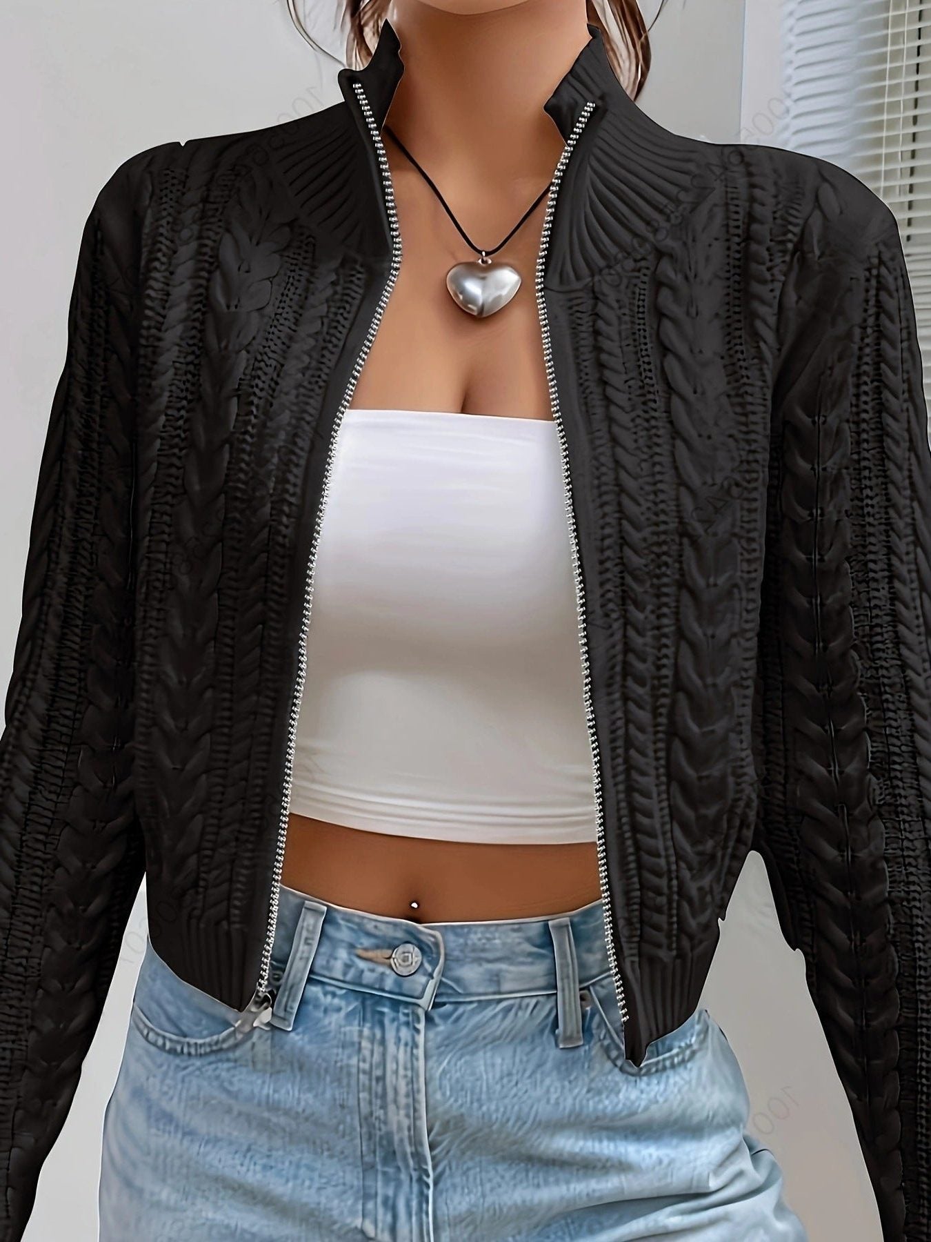 Cropped Kabelstrik Cardigan til Damer