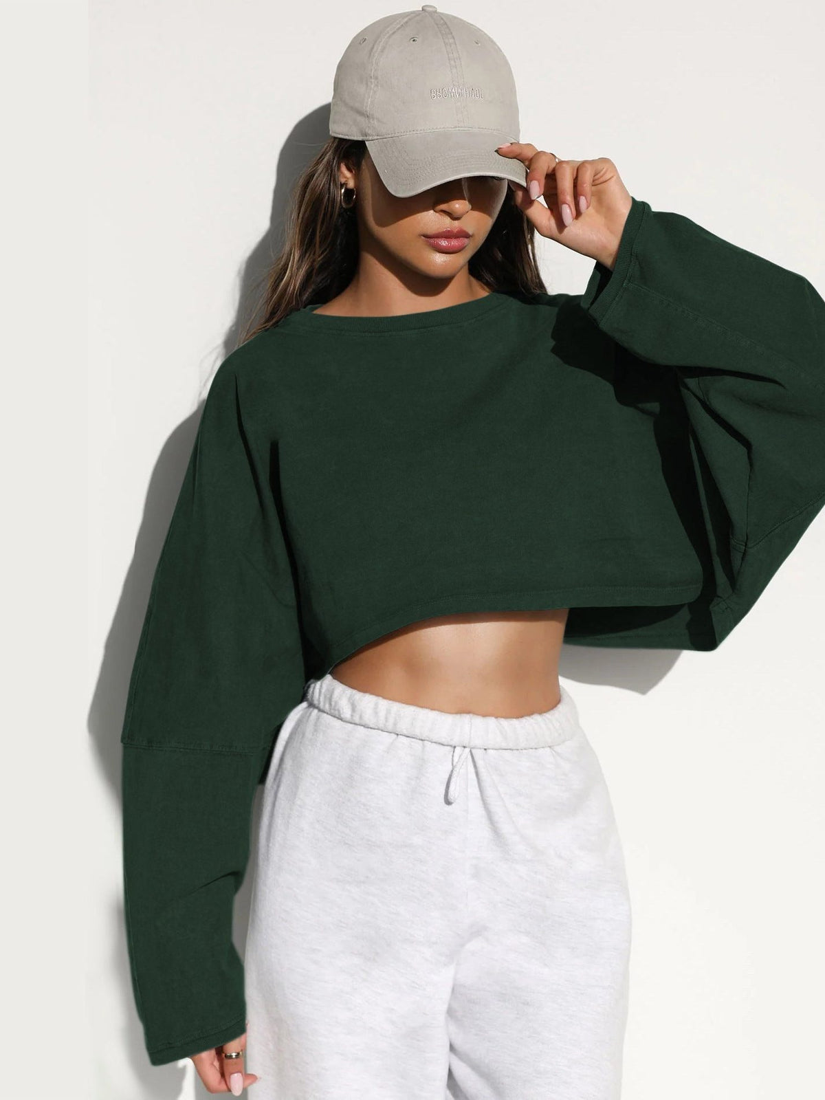 Cropped Sweatshirt med Ballonærmer til Damer - Mørkegrøn
