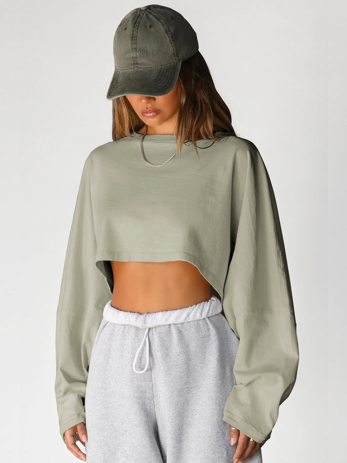 Cropped Sweatshirt med Ballonærmer til Damer - Lysegrøn