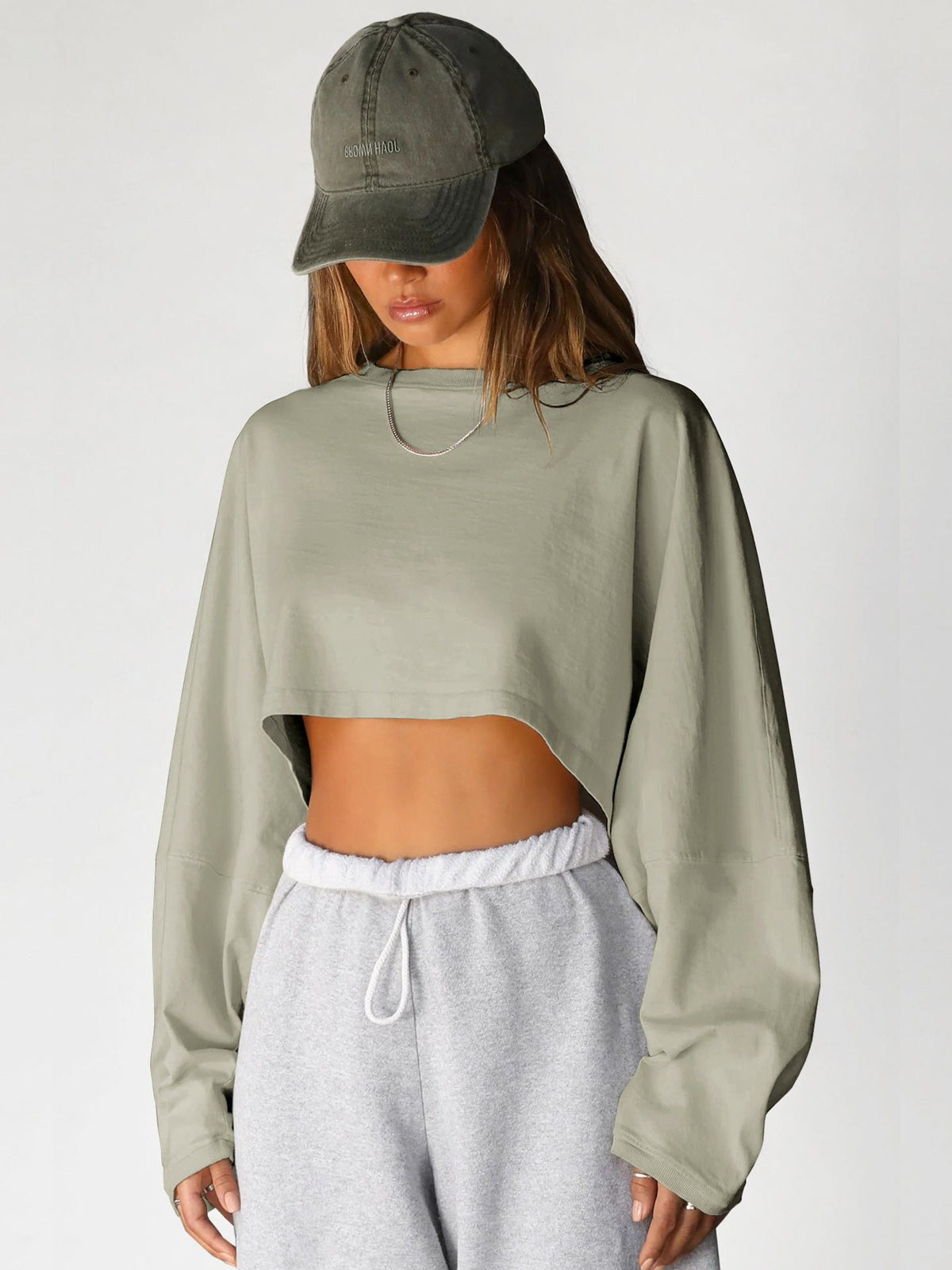 Cropped Sweatshirt med Ballonærmer til Damer - Lysegrøn