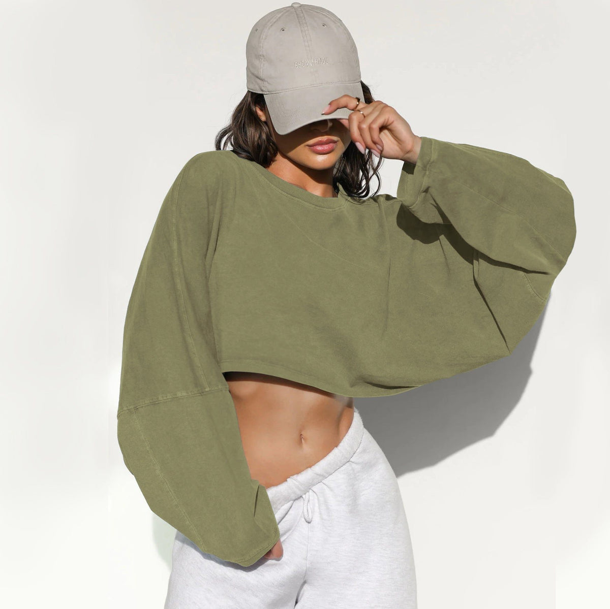 Cropped Sweatshirt med Ballonærmer til Damer - Grøn