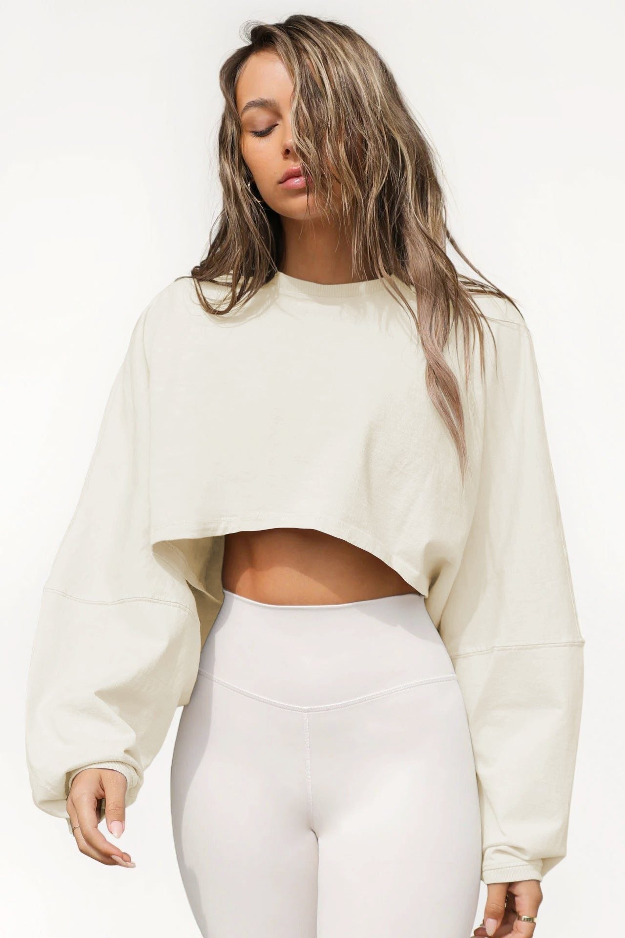 Cropped Sweatshirt med Ballonærmer til Damer - Abrikosby