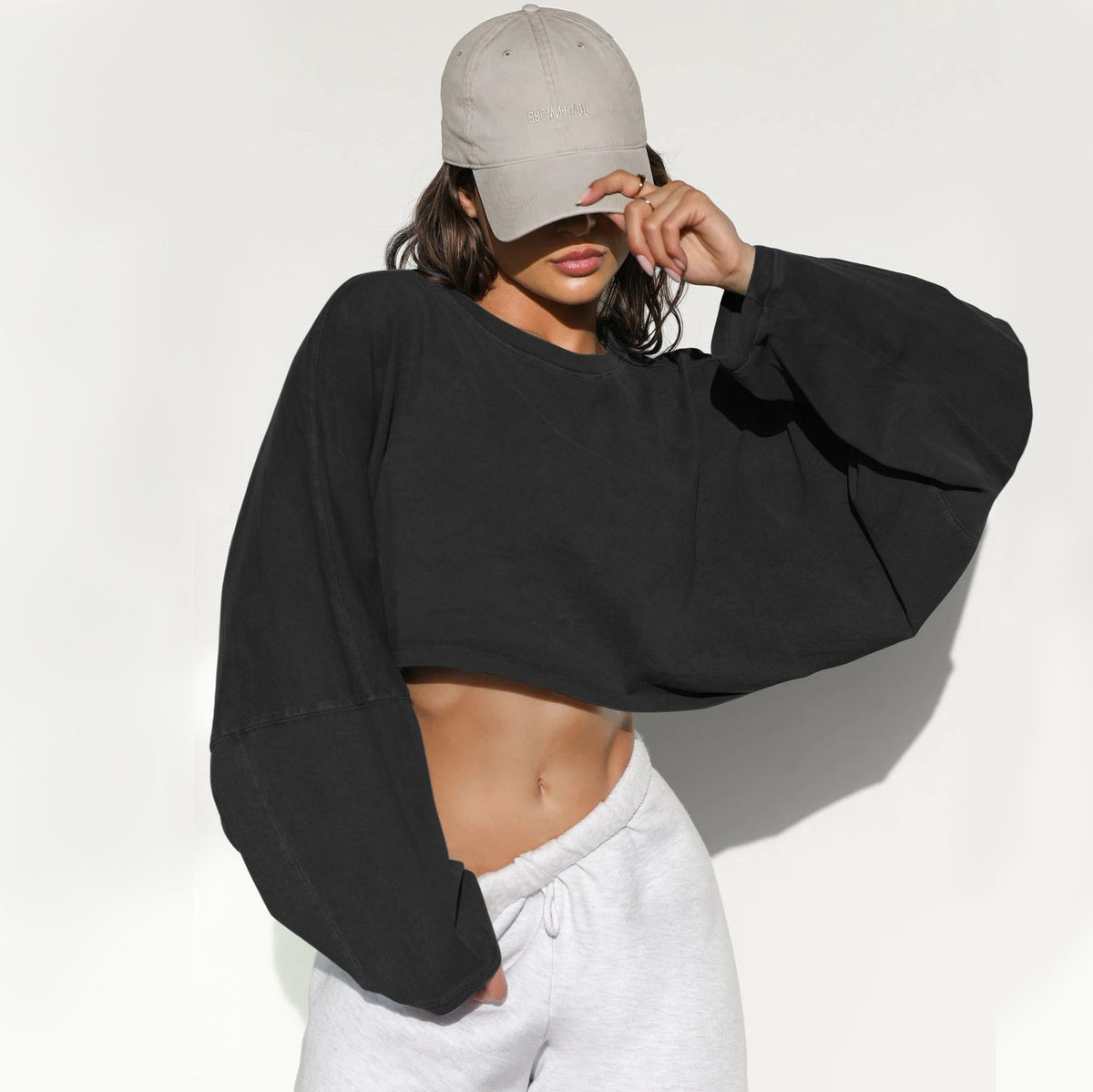 Cropped Sweatshirt med Ballonærmer til Damer - Sort