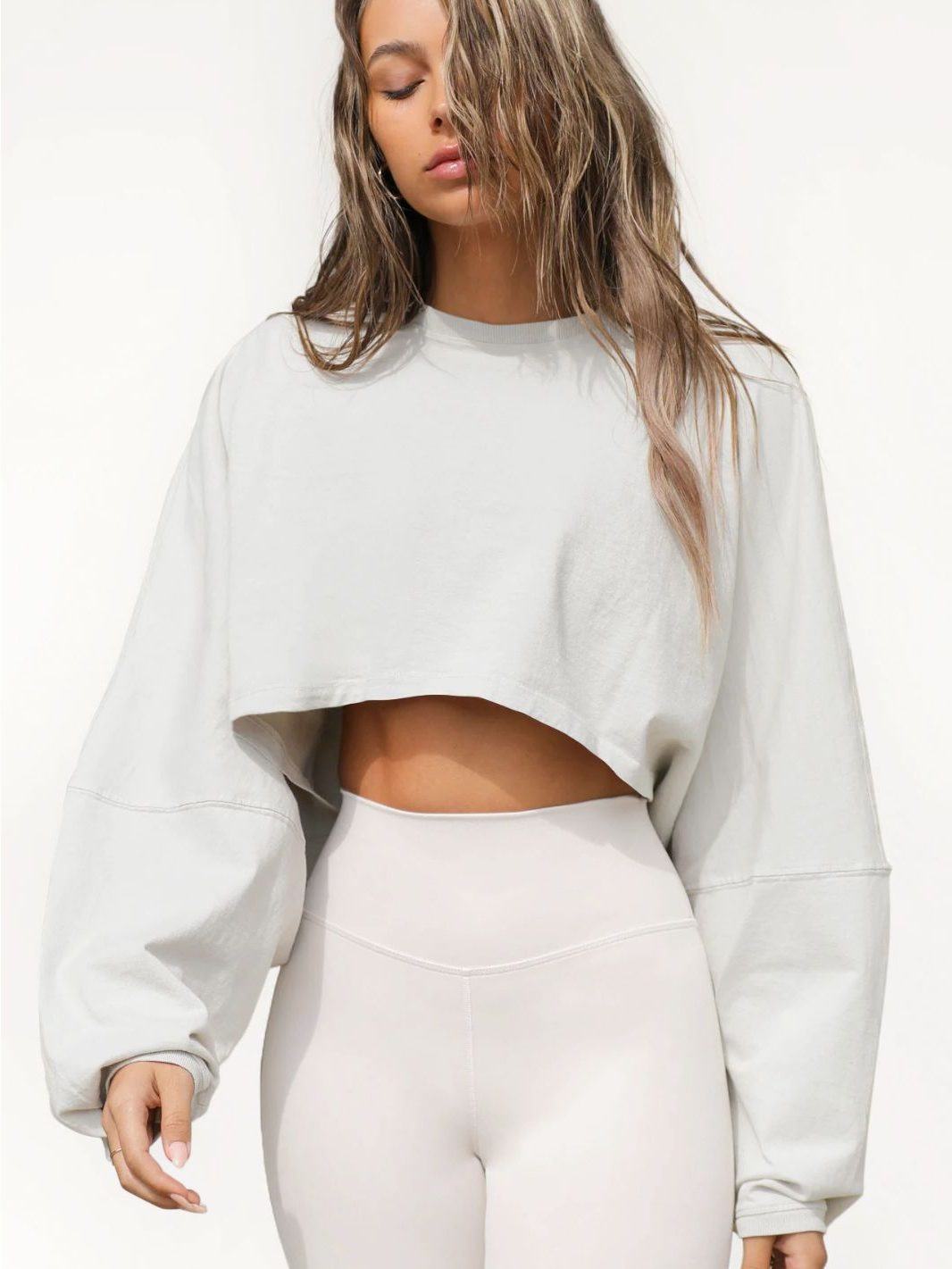 Cropped Sweatshirt med Ballonærmer til Damer - Grå