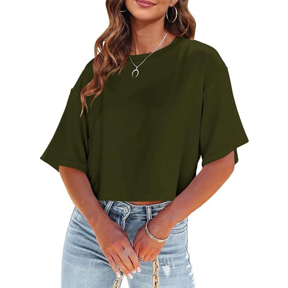 Cropped T-shirt med Rund Hals til Damer - Olivengrøn