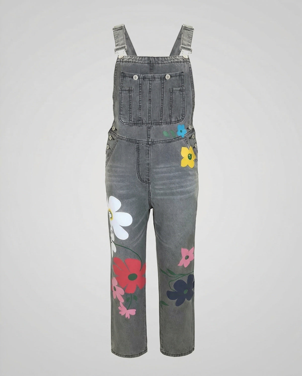 Blomstret Denim Overall med Justerbare Stropper til Damer - Grå