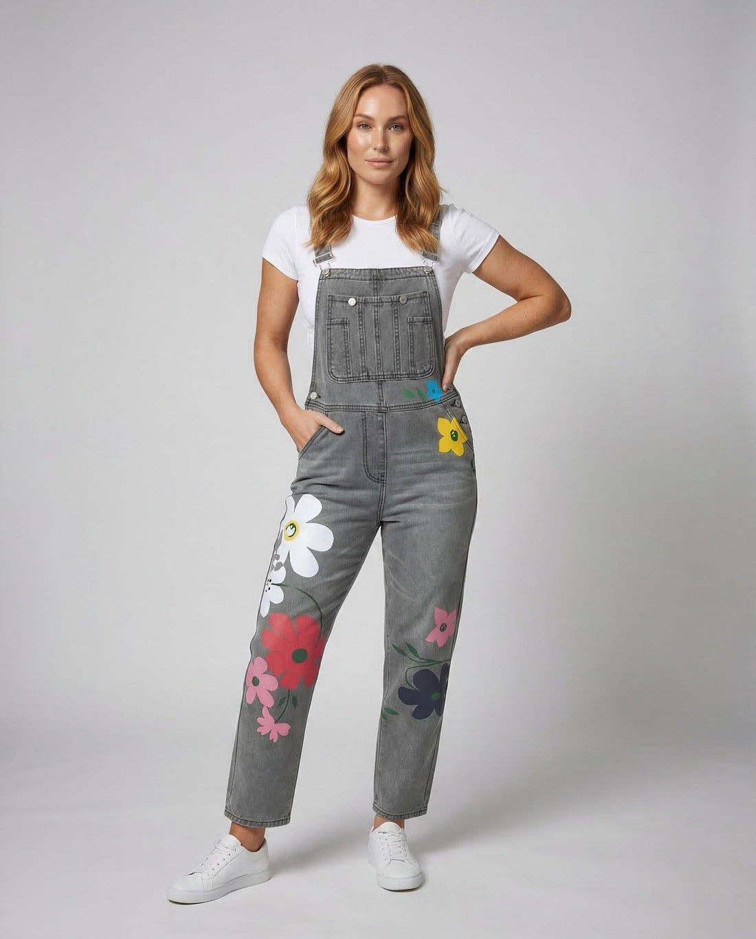 Blomstret Denim Overall med Justerbare Stropper til Damer