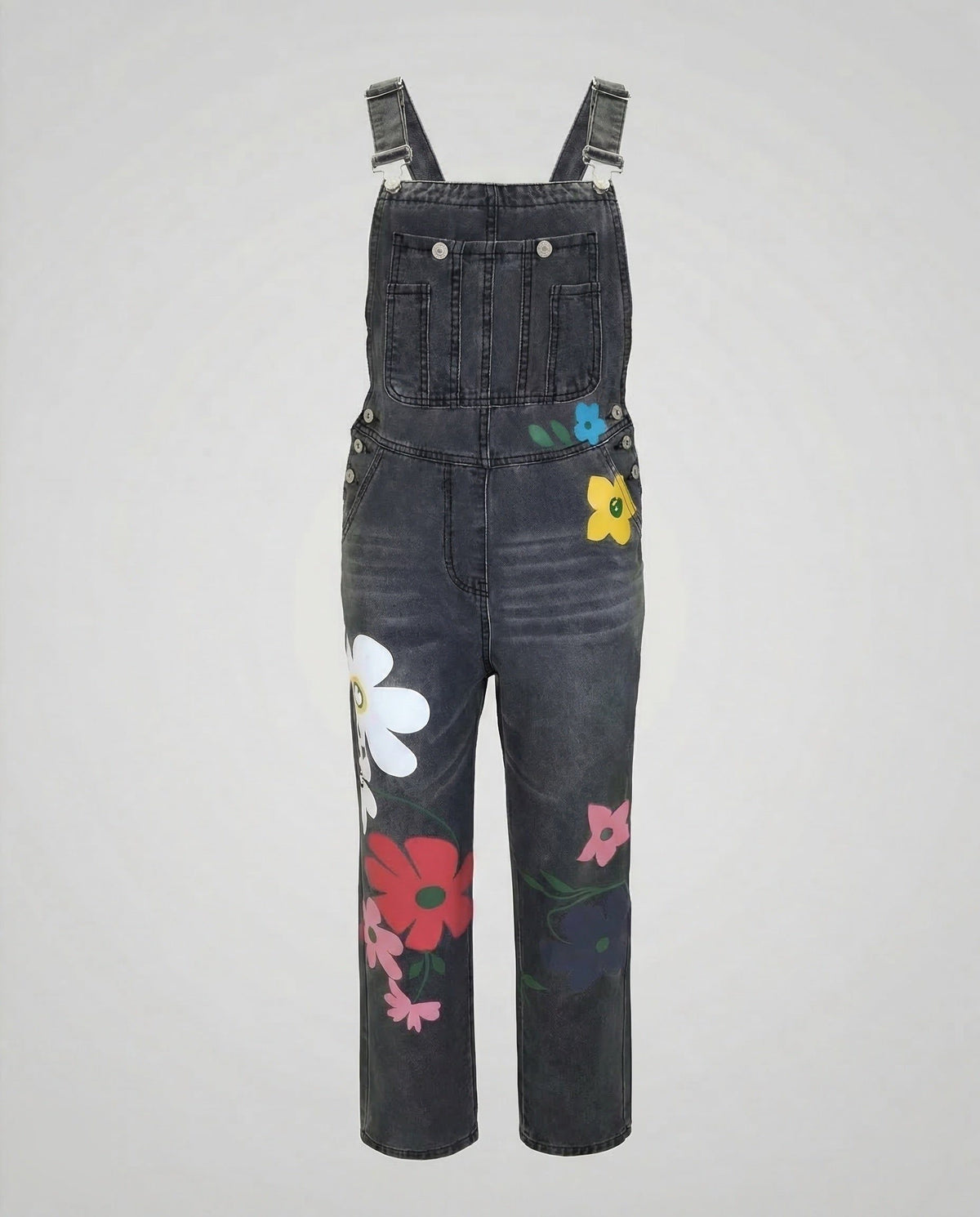 Blomstret Denim Overall med Justerbare Stropper til Damer - Mørkeblå