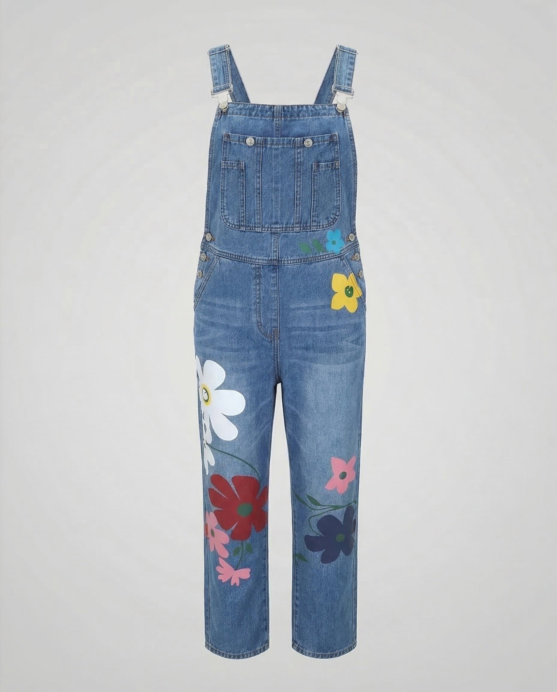 Blomstret Denim Overall med Justerbare Stropper til Damer - Lyseblå