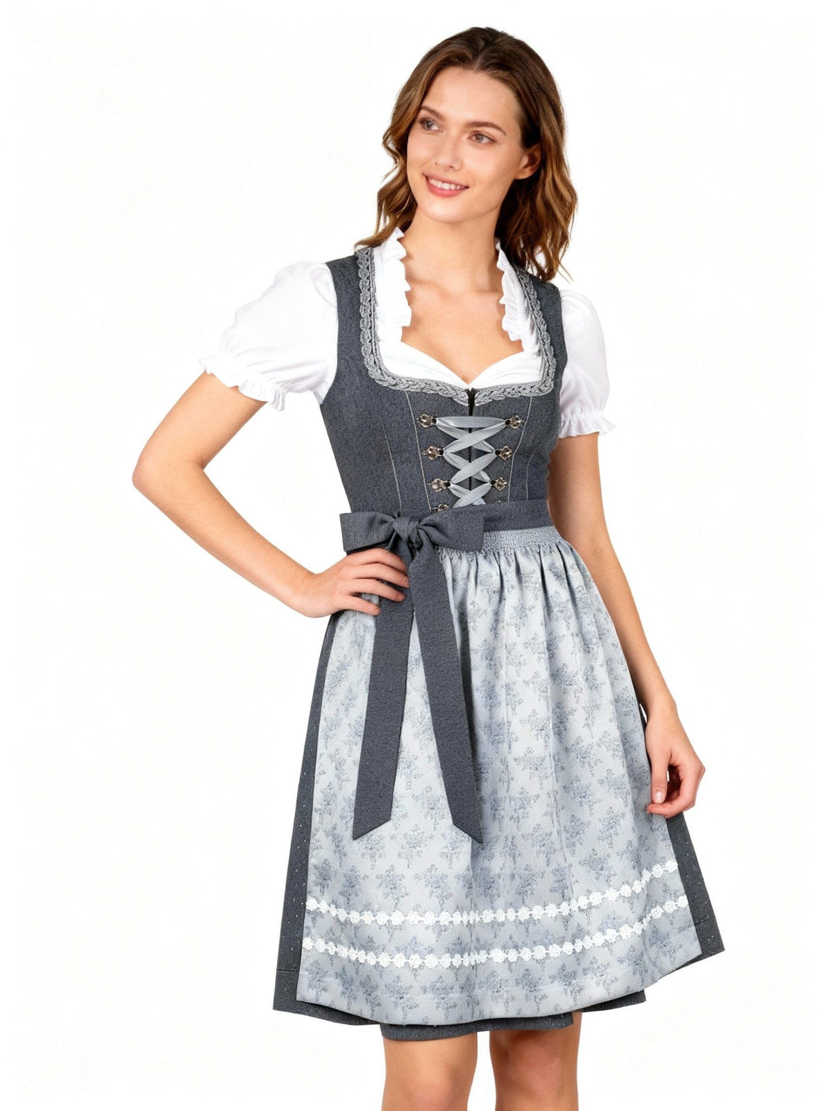 Dirndl med Snørebånd og Blomstret Forklæde til Damer - Mørkegrå